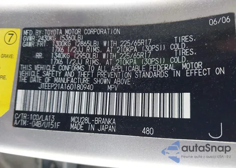 2006 Toyota Highlander Limited V6 из США, поврежденный, VIN JTEEP21A160180940